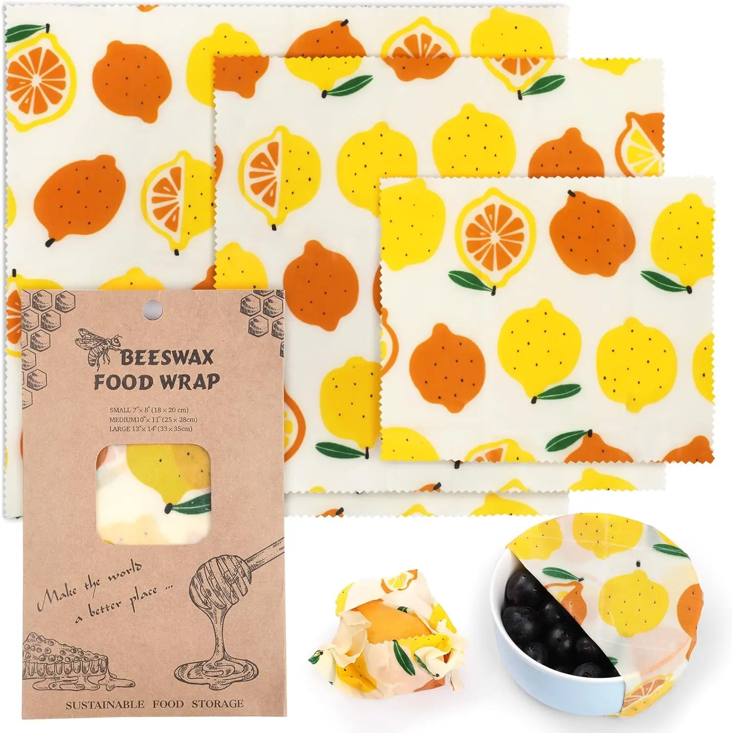Organic Beeswax Wrap for Food, 3 Pcs Sustainable Beeswax Wraps, Bread Sandwich Wrapper Zero Waste Eco-friendly Biodegradable Lemon Pattern