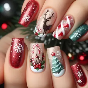 Christmas Press on Nails Medium Square Fake Nails Snowflake Nails Press Ons Green Red Glossy False Nails with Glitter Design Christmas Tree False Nails Elk Glue on Nail Holly Leaf Stick on Nail 24Pcs