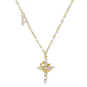 Women’s cross necklace with 26 letters, brass plated with real gold, a versatile pendant