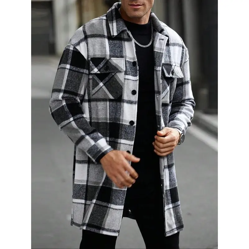 Men's plaid check long coat, with a buttoned lapel, loose fit, front button pockets, suitable for daily wear in autumn and winter, comfortable and warm, men's trench coat, autumn and winter.