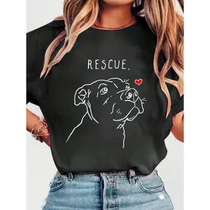 Rescue Dog. Pitbull Drawing. Rescue Mom. Adopt Don't Shop T-ShirtPrint Crew Neck Casual T-Shirt Short Sleeve Sports Top. Smart CasualStreet Style Women's Clothing graphic tees women crop tops summer outfits for women summer tops T-Shirt