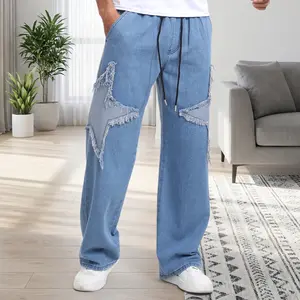 Men's Y2K Style Star Patch Jeans Boy's Wide Leg Drawstring Denim Trousers Springfresh