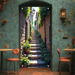 Summervibes 1PC Polyester 2D Flat Vintage Street Staircase Door Backdrop - Printed Reusable Banner with Green Plants, Flowers, Stone Walls, Decoration Door Decor for Homes, Restaurants (Home & Festive Party Supplies)