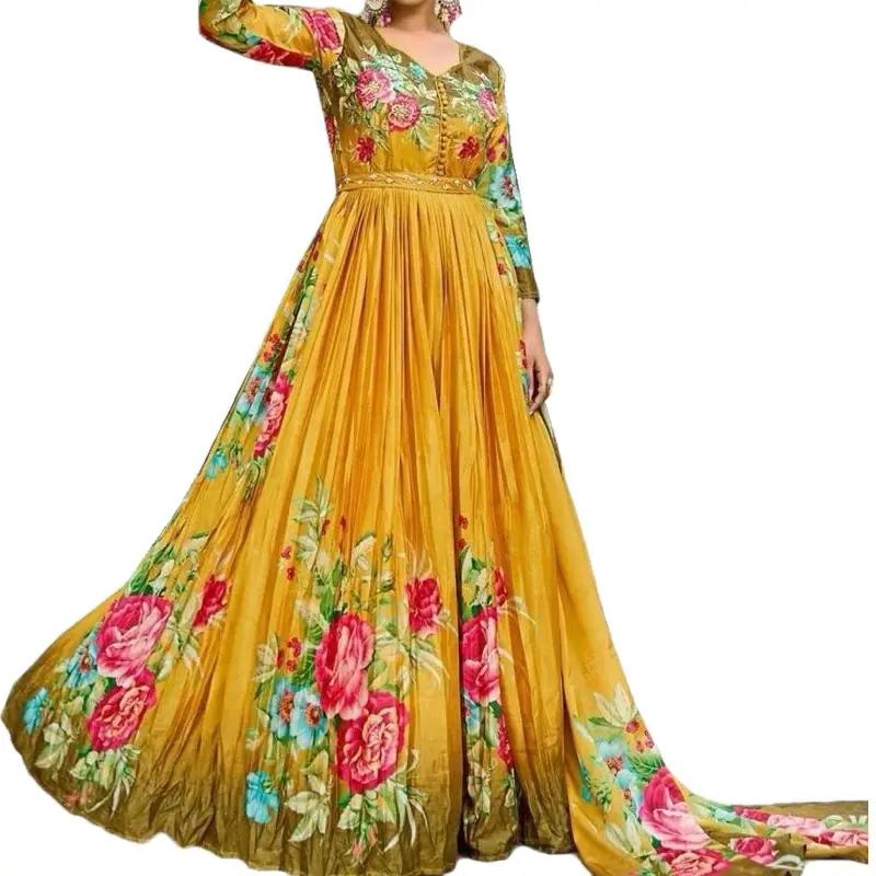 Anarkali Suit in Premium Silk with Bandani Dupatta - 2 Piece Party Wear for Women Traditional Elegant Valentine Outfit Formal Party Wear Fashion Long Night Dubai Maxi Classy Dress Print Elegance - Bottom, Womenswear