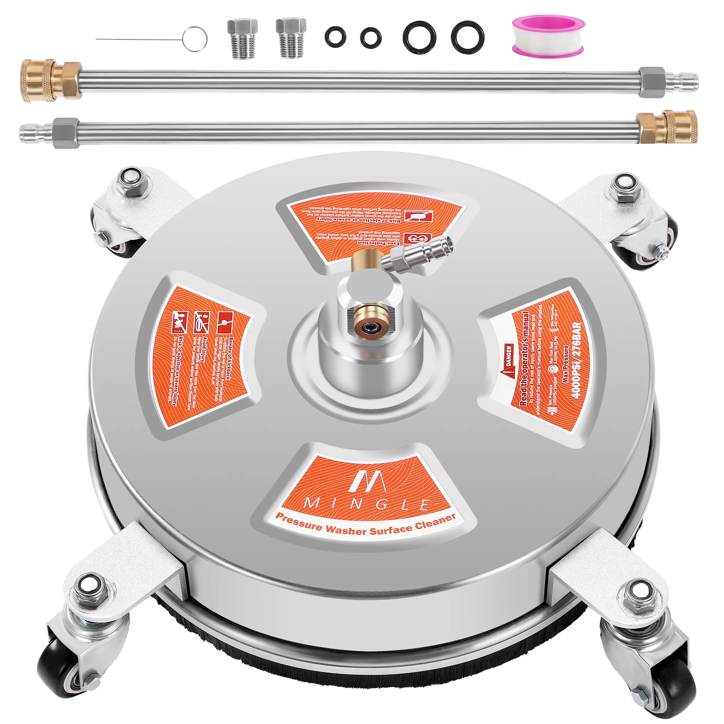 M MINGLE High Pressure Washer Surface Cleaner Attachment, 14in Heavy Duty Accessory for Driveways, Decks, 2 Extension Wands, 2 Replacement Nozzles, 4 O-Rings, 1/4in Quick Connect, 4000 PSI Capability【DealsForYouDays】