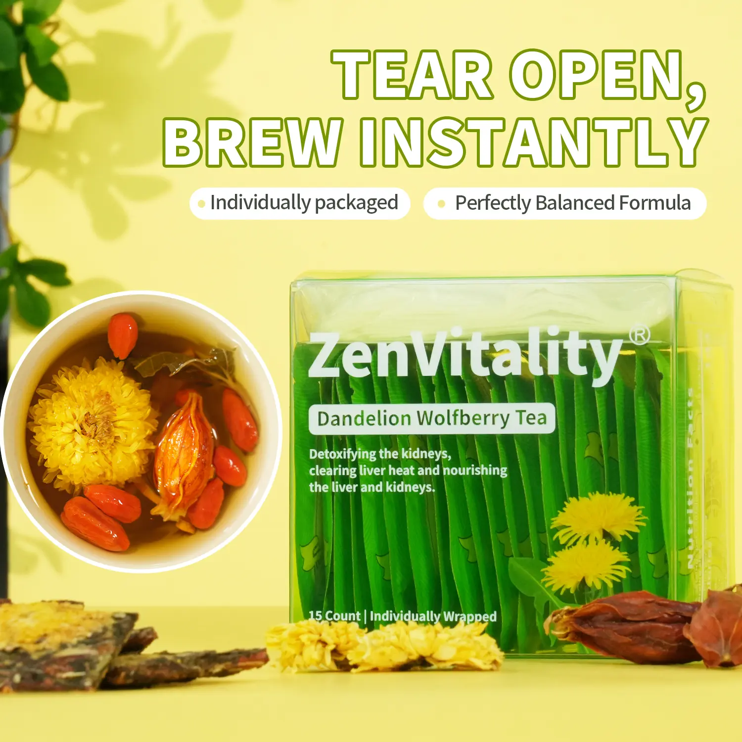 Dandelion Wolfberry Tea – Upgraded Version, Natural 7-Herb Blend, 15 Individually Wrapped 5g Pressed Tea Cakes SE Daily Wellness Tea Healthy Kidney Tea