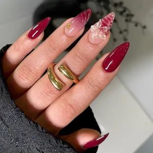 (MTO) BubbleNailArt Burgundy Bloom 3D Hand-Sculpted Clear Flower Deep Red Ombre Almond Handcrafted Wearable Nail Art Fashion Hand Accessories
