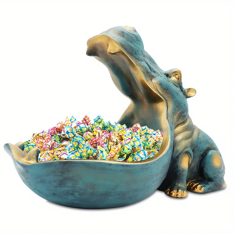 Resin Hippo Figurine - Large Mouth Home Decor Statue, Multi-Purpose Storage Container, Candy Dish, Key Bowl, Table Art with Festive Holiday Use, Halloween Ready, Playful Charm, Candy Dish Use