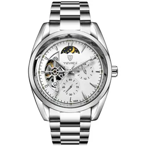 Men’s Silver Automatic Mechanical Watch with Moon Phase, Skeleton Dial Stainless Steel Business Casual Wristwatch