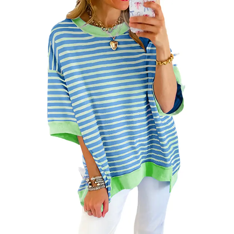 Mntaor Womens Oversized Striped Color Block Tees Half Sleeves Contrast Trim Exposed Seam High Low Drop Shoulder Casual Pullover T Shirt