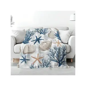 1pc Ultra-Soft Coastal Throw Blanket - Navy Blue Beige Ocean Escape Design With Starfish & Seashells, All-Season Luxury Flannel Bedspread For Couch, Living Room, Beach - Cozy Home Decor Gift, Beach Blanket, Easycare Fabric-30*40in