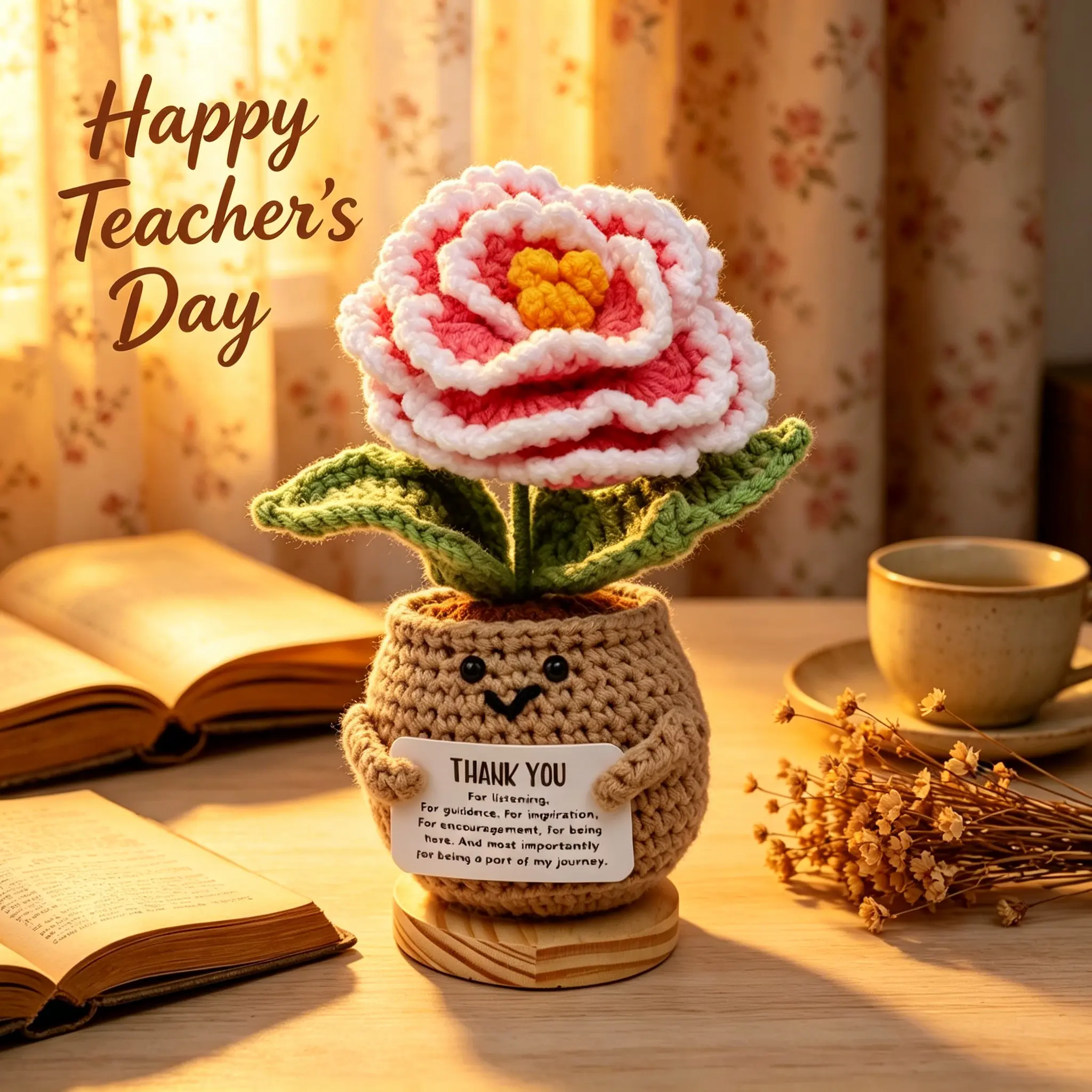 Handmade Wool Yarn Crocheted Peony Potted Plant - Floral Indoor Home Decor, Heartfelt Message Card Included, Gift for Mother's Day, Teachers' Day