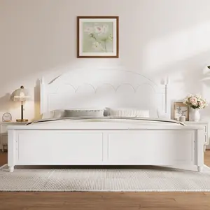 King Size Bed Frame with Arched Headboard and Sturdy Slats, Solid Wood Platform Bed Frame, No Box Spring Needed,White