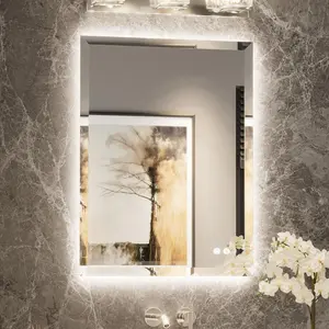 TETOTE Backlit Bathroom Mirror, Vanity Mirror with Beveled Edge, Safe Tempered Glass, 3 Light Colors, Dimmable, Smart Bathroom Mirror with Anti-Fog Function, Plug-in/Hardwired