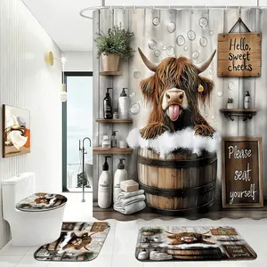 4pcs Funny Highland Cow Bath Time Bathroom Set, Rustic Farmhouse Shower Curtain with Cow in Barrel Tub & Bubbles, Matching Rugs & Toilet Cover, The floor mat fabric is thicker and softer! Perfect for Western Style Bathrooms & Cottage Vibes