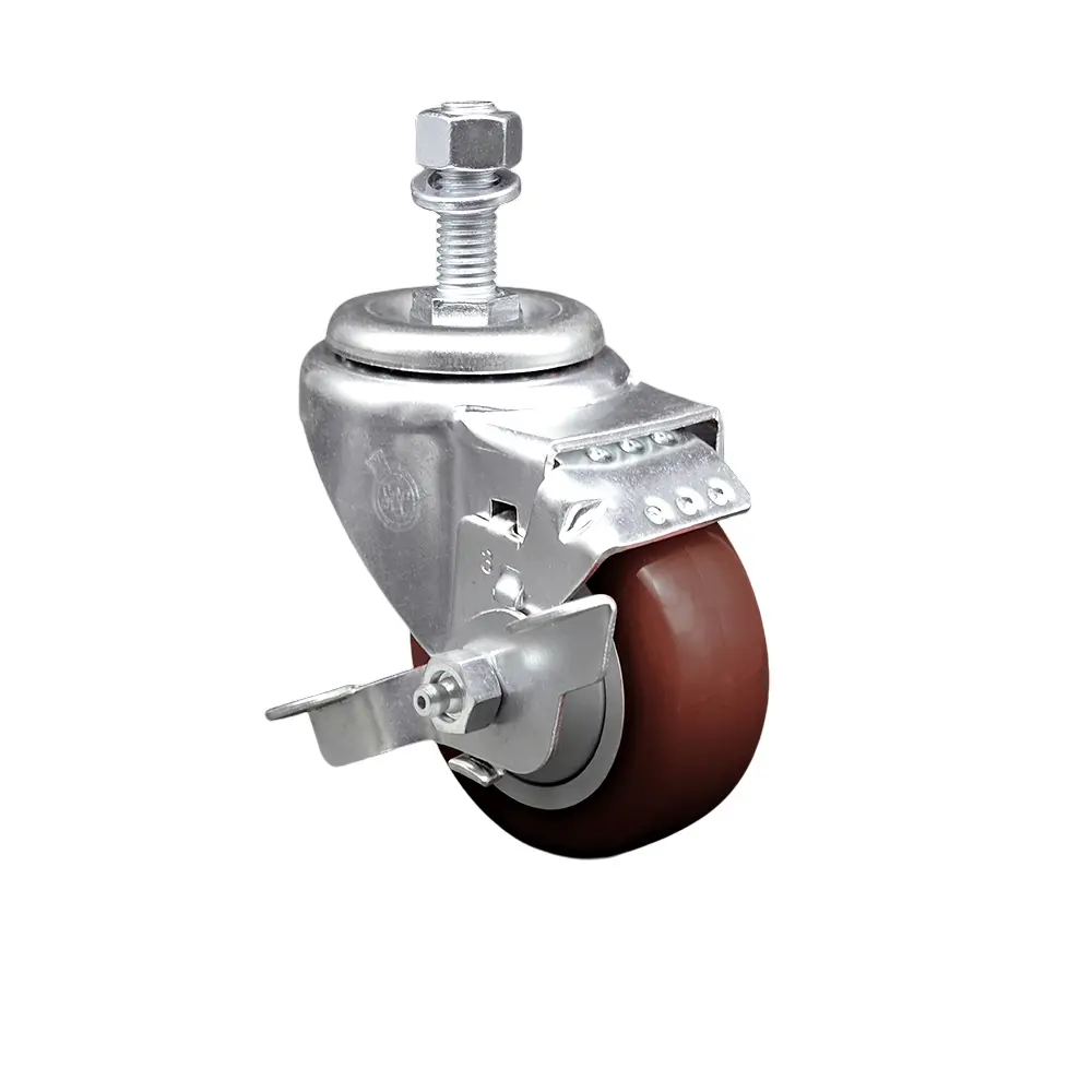 Service Caster SCC-TS20S3514-PPUB-MRN-TLB-121315 Polyurethane Swivel Threaded Casters - 0.5 in Stem, 3.5x1.25 in Non-Marring Maroon Wheel, Top Locking Brake, 300 lbs Capacity, Ball Bearing Design for Material Handling Carts, Shop Projects