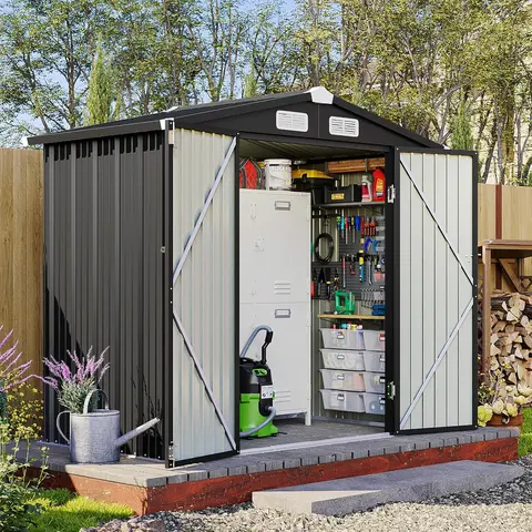 Aoxun 6x4 FT without base Outdoor Storage Shed Metal Garden Tool Shed with Sloping Roof & Lockable Door Durable Galvanized Steel Waterproof for Patio Lawn Backyard