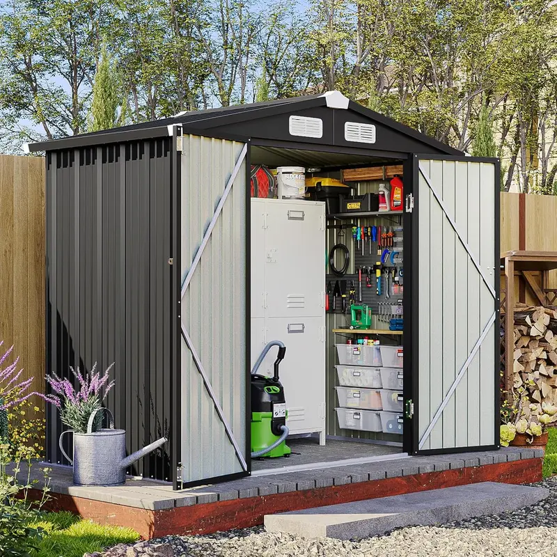 Aoxun 6x4 FT without base Outdoor Storage Shed Metal Garden Tool Shed with Sloping Roof & Lockable Door Durable Galvanized Steel Waterproof for Patio Lawn Backyard