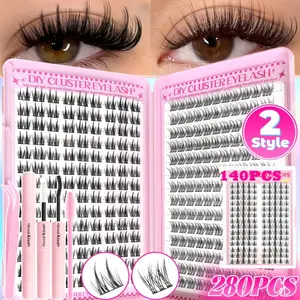 280Pcs/140Pcs Manga Eyelash Clusters, Individual Lash Extensions, 2 Styles Natural Eyelash Extensions Kit with Bond & Seal, Tweezers & Brush, D-Curl 9-16mm Mixed Length DIY Lashes, Natural Single Cluster, Reusable, Suitable for Beginners