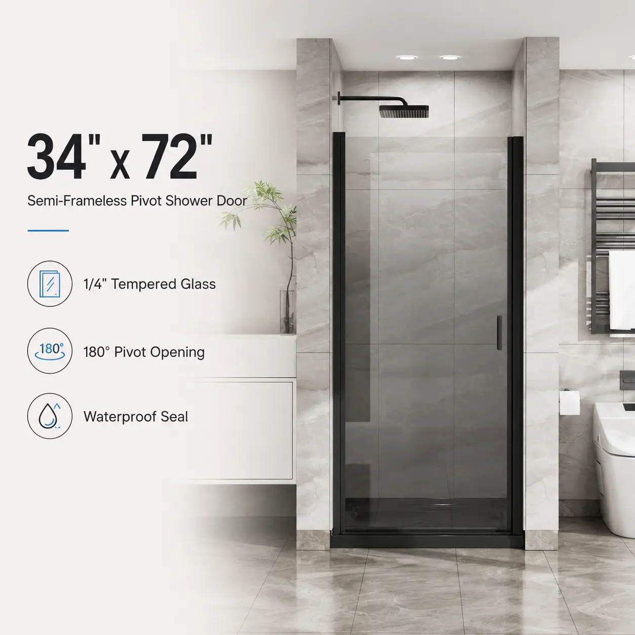 Semi-Frameless Pivot Shower Door - 34"x72", 1/4" SGCC Tempered Glass for Safety & Durability, 180° Pivot Opening, Reversible Installation, Dual Seal Strips, Magnetic Closure