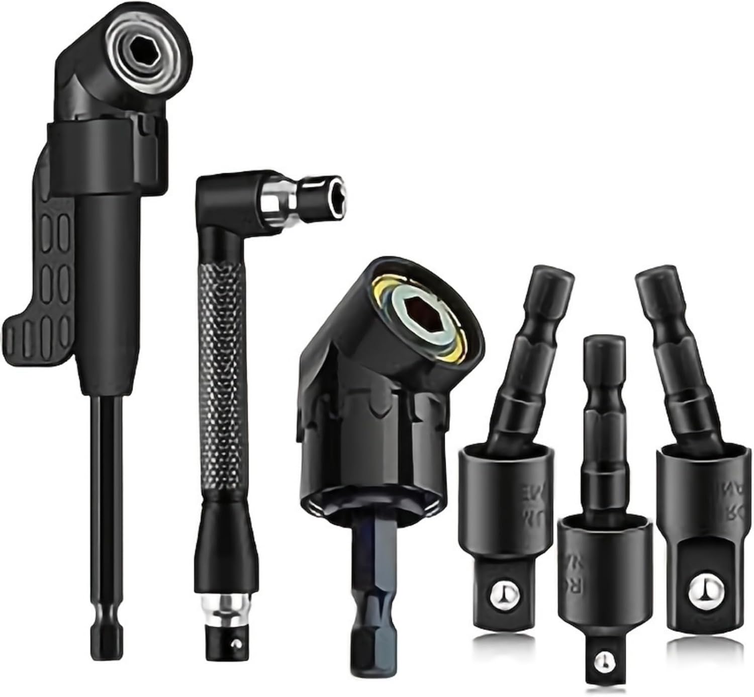 6-Piece Right-Angle Drill Attachment Set, Includes 3 360° Rotatable Socket Adapters, 2 Hex Shank Drill Adapters, 90° Beveled Drill Bits, Drill Tool