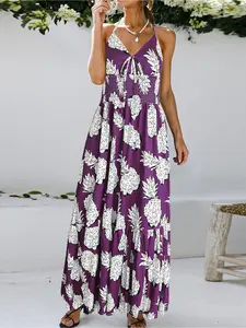 Plus Size Halter V Neck Maxi Dress, Smocked Waist, Pineapple Print Vacation Flowy Dress, Casual Wear