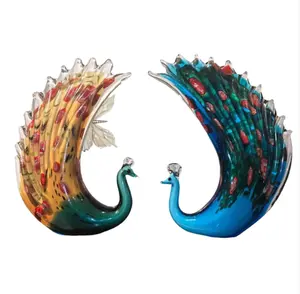 Modern Art Colored Glass Peacock Animal Decoration - 7 1/2" x 10" Handmade Glass Decor for Living Room, Dining Area & Any Space, Clear Glaze Texture