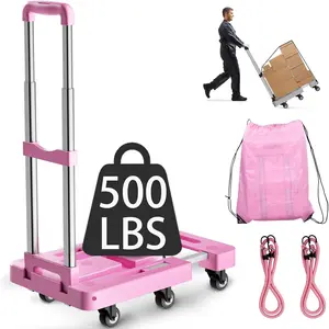 Folding hand truck foldable cart for 500 lbs heavy luggage hand truck dolly 6wheel foldable dolly with 2 ropes ideal for home office and travel moving pink