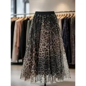 Plus Size - Plus Size - High-Waisted A-Line Skirt - a Full-Length (Long) Skirt, Decorated with Leopard Print And Lace Patchwork Without Belt A-Line Swing Skirt: Suitable for Spring And Summer Seasons, Machine Washable.Elegant Skirt