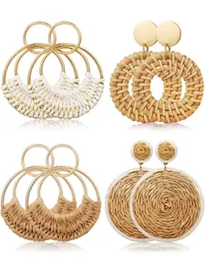 4 Pairs Handmade Raffia Rattan Bohemian Round Drop Dangle Earrings for Women, Boho Statement Cute Fun Hoop Earrings Set;Summer vacation style earrings;Handmade woven rattan pendant with personalized geometric circular earrings, Trendy Jewelry