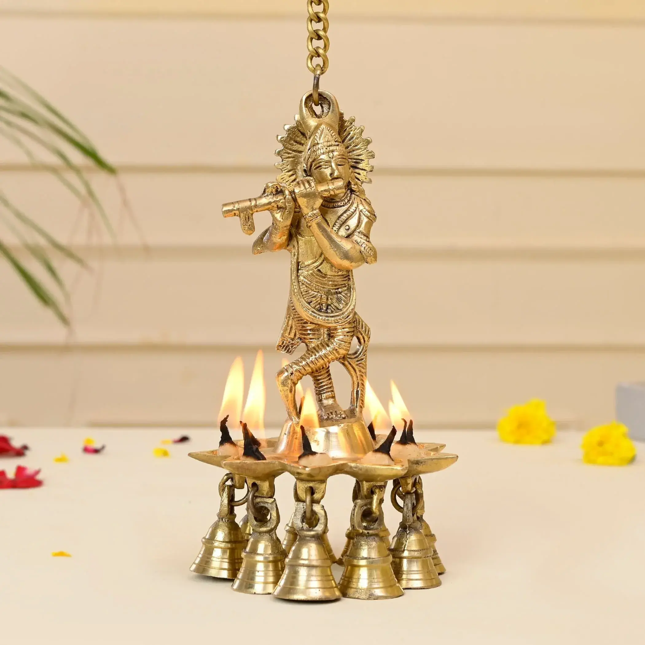 Radiant Brass Krishna Diya with Bells | Sacred Wall Hanging for Diwali, Pooja, Home & Temple | Cherished Gift of Tradition