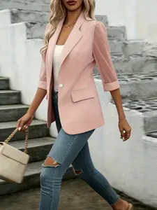 A pink short-sleeve blazer for women with transparent sleeves, belonging to a casual fashion style. It is elegantly mature yet soft and feminine, suitable for everyday casual outings and light office commutes.