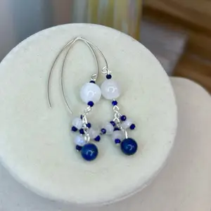 925 Sterling Silver Fishhook Earrings Made With Flashy Moonstone and Lapis Lazuli Gemstones