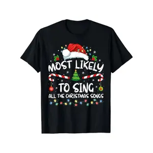 Festive Christmas Matching Family T-Shirts - Most Likely to Sing All The Christmas Songs with Santa, Tree & Ornaments - Plus Size Black & Green Holiday Shirts for Men & Women, Group Outfits - FuAdult Men, T-Shirt, Stylish and Versatile, Breathable