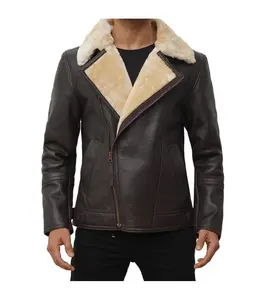 Men's Brown Asymmetrical Zipper Biker Shearling Jacket