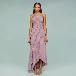Women’s chiffon dress with ruffle pleated design, slimming mid-length dress, elegant backless style with slit hem