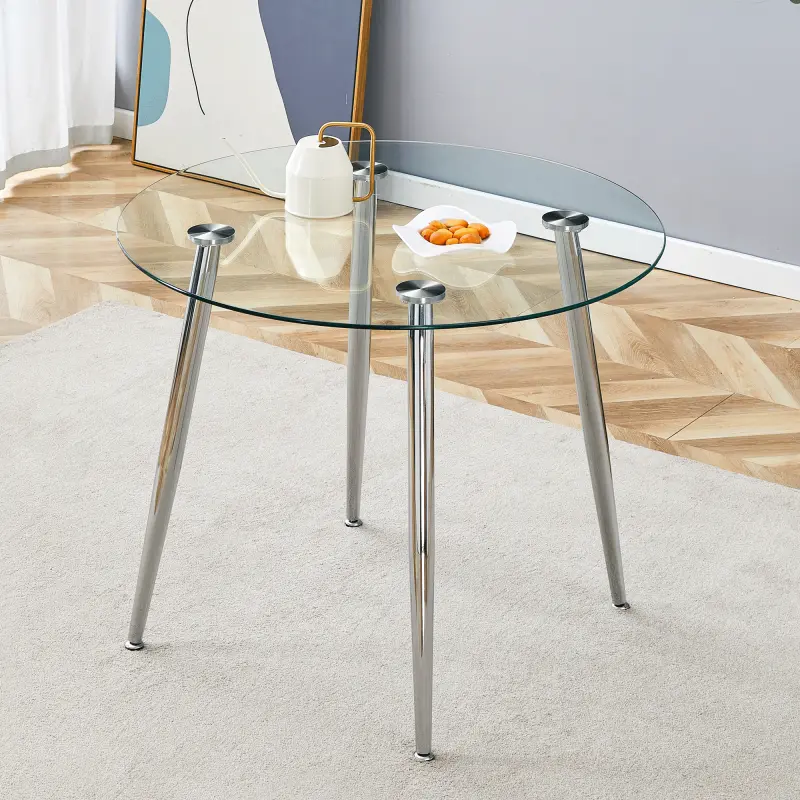 Round Dining Table with Glass Top, Elegant Silver Leg Design, Exquisite Craftsmanship, Easy-to-Install Indoor Furniture for Dining Room, Wayfair Collection