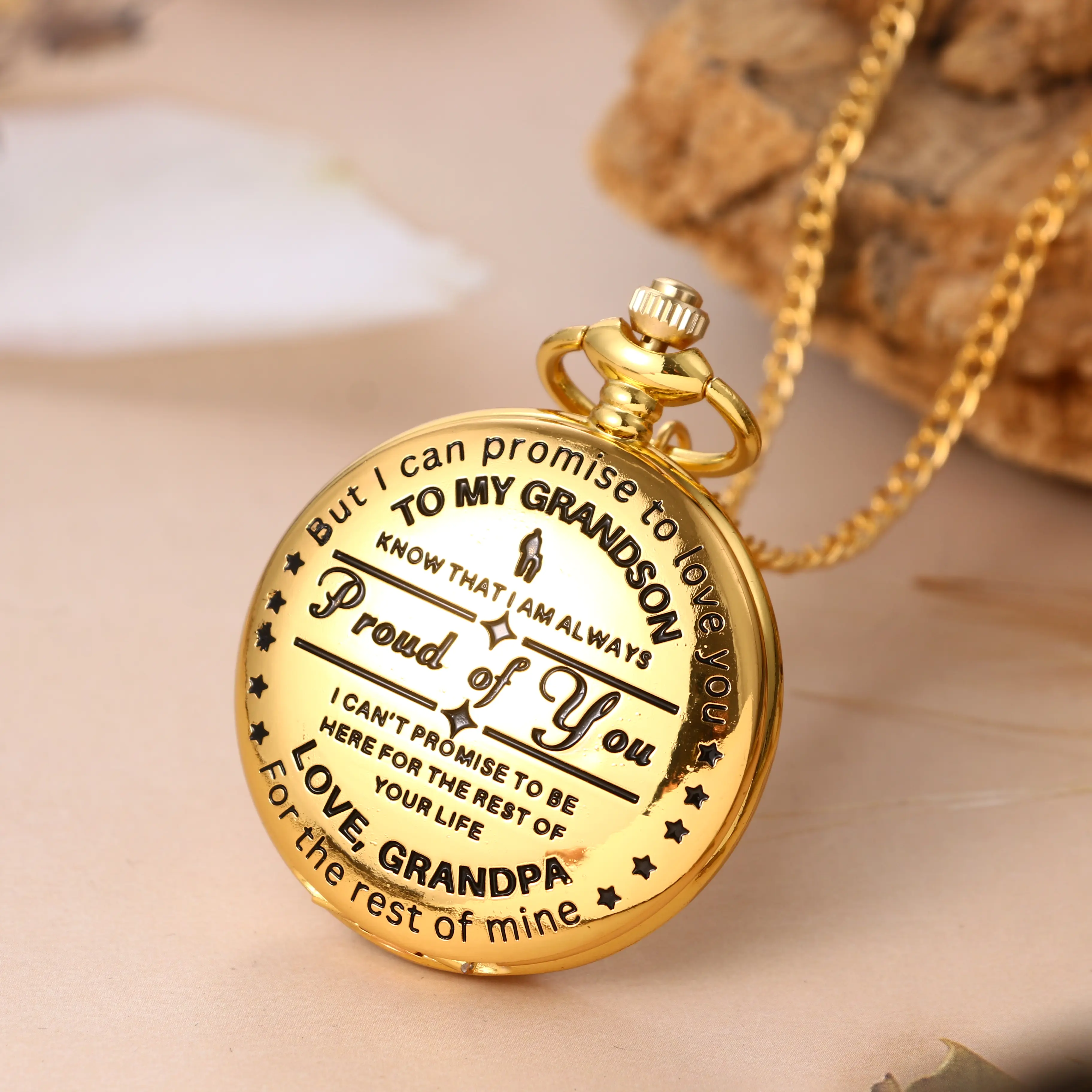 To My Grandson Gold Pocket Watch Necklace - Engraved Message from Grandpa Gift