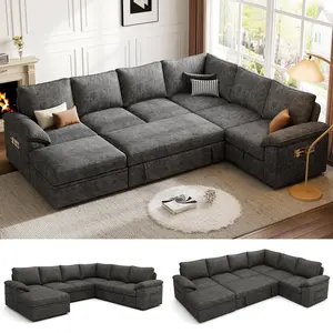 【4-5 Packages】108 Inch Sectional Sleeper Sofa with Pull Out Bed, U Shaped 5/7 Seat Modular Sectional Sofa with Storage, Sectional Couches for Living Room, Cloud Modular Couch, Removable Sofa Cover#daybed