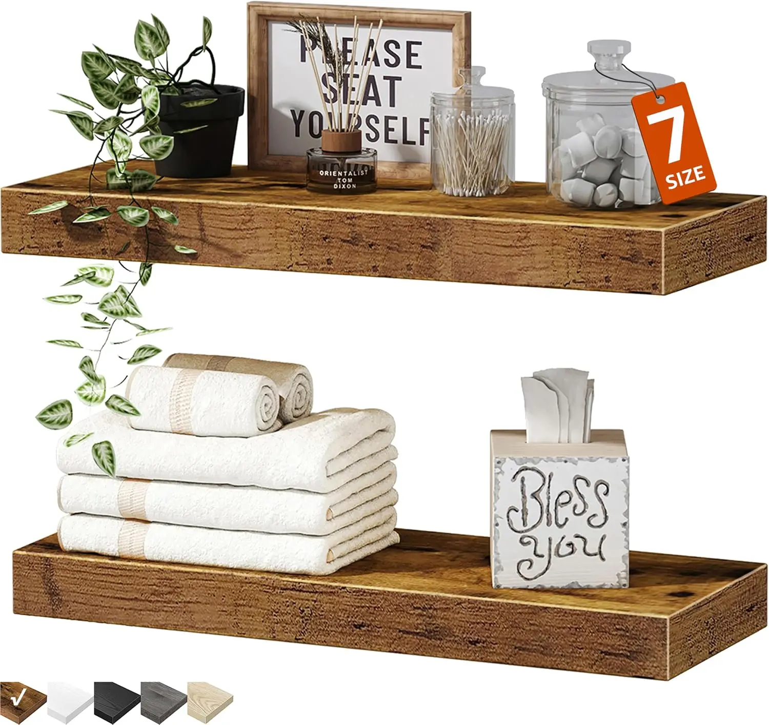 Bathroom Floating Shelves for Wall - 15.7" Wall Mounted Shelf Over Toilet Farmhouse Home Decor Display Bookshelf Small 15.7 x 6.7 inch Set of 2, Rustic Brown