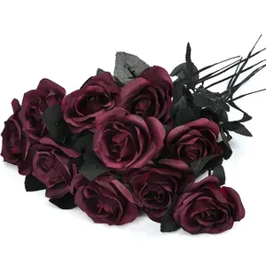 10 Pack Artificial Silk Roses Bouquet with Long Stem, 16'' Wine Red Rose Lifelike Fake Rose Flowers for Christmas Wedding Birthday Table Centerpieces