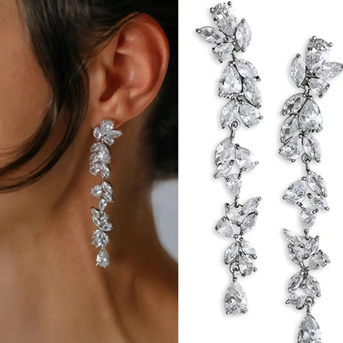 Women's Luxury Leaf Marquise Cubic Zirconia Chandelier Drop Earrings - Hypoallergenic Silver-Plated Sparkly Long Dangles, Elegant Bridal Jewelry for Wedding, Evening Party, Gifting for Her