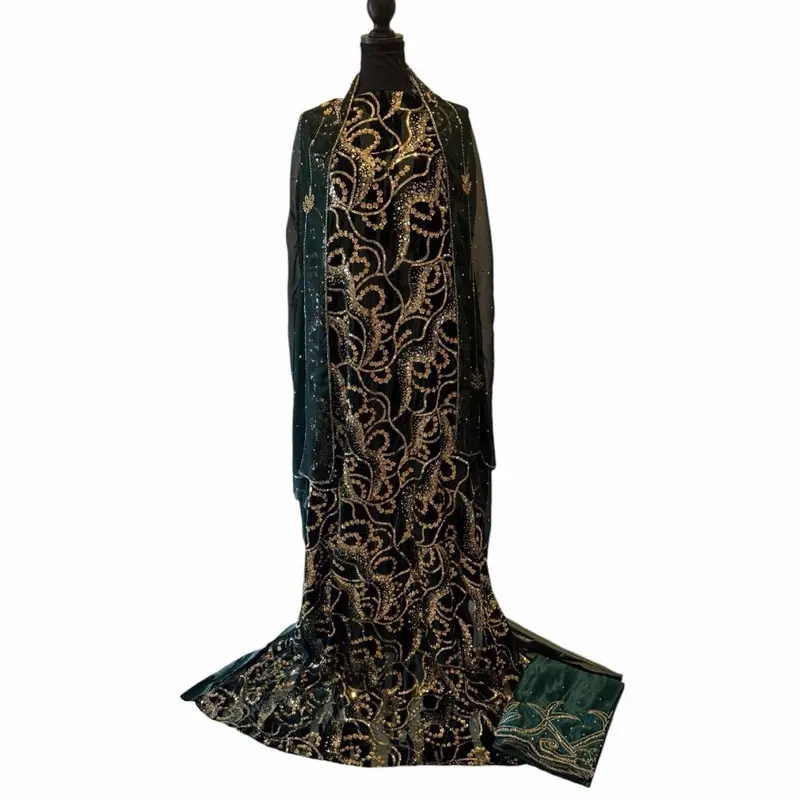 Midnight Gold Luxe Velvet 3-Piece Unstitched Dirac, Ideal for Wedding and Eid Celebrations