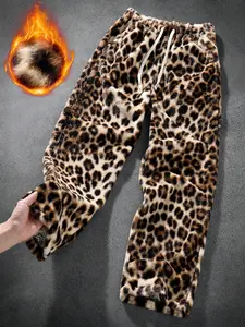 Unisex Winter Fleece Leopard Print Casual Pants, Thick Warm Fabric, Adjustable Drawstring Waist, Jogger Style, Home Relaxation & Streetwear