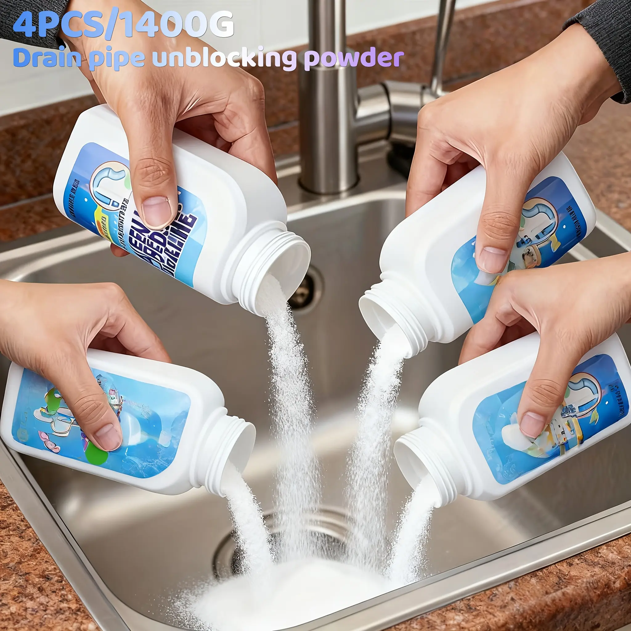 4pcs-1400g Drain Pipe Unblocking Powder - Suitable for Unclogging Kitchen And Bathroom Pipes, for Quick Repair And Maintenance. It Quickly Dissolves Hair, Grease And Paper Scraps, Removes Odors, And Keeps The Pipes Fresh for A Long Time.