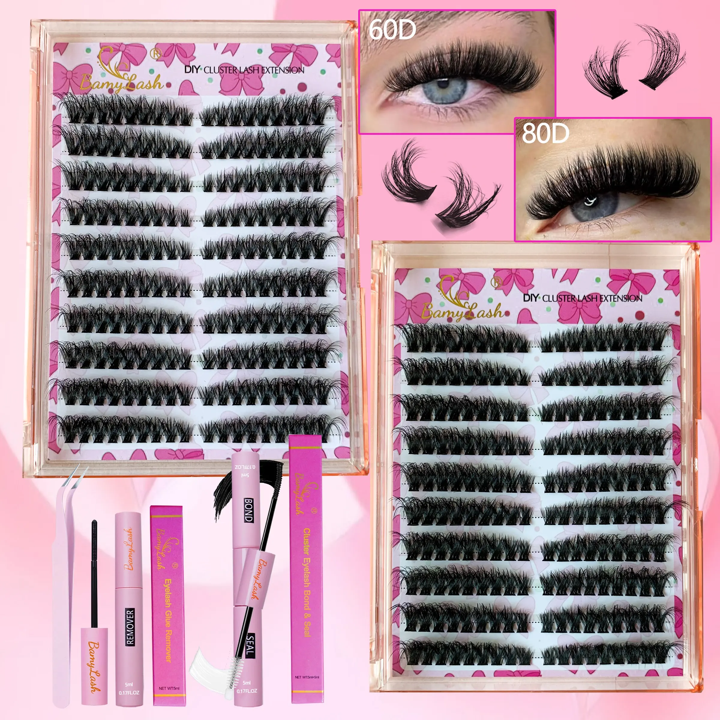 Cat Eye Volume 3D Effect Lash Clusters Kit, Wispy Volume Set, Natural Wispy Fluffy Lashes Kit With Lash Bond And Seal,Remover,Applicator,60D+80D,DIY At Home Make Up,False Eyelashes,Eyelash Extensions