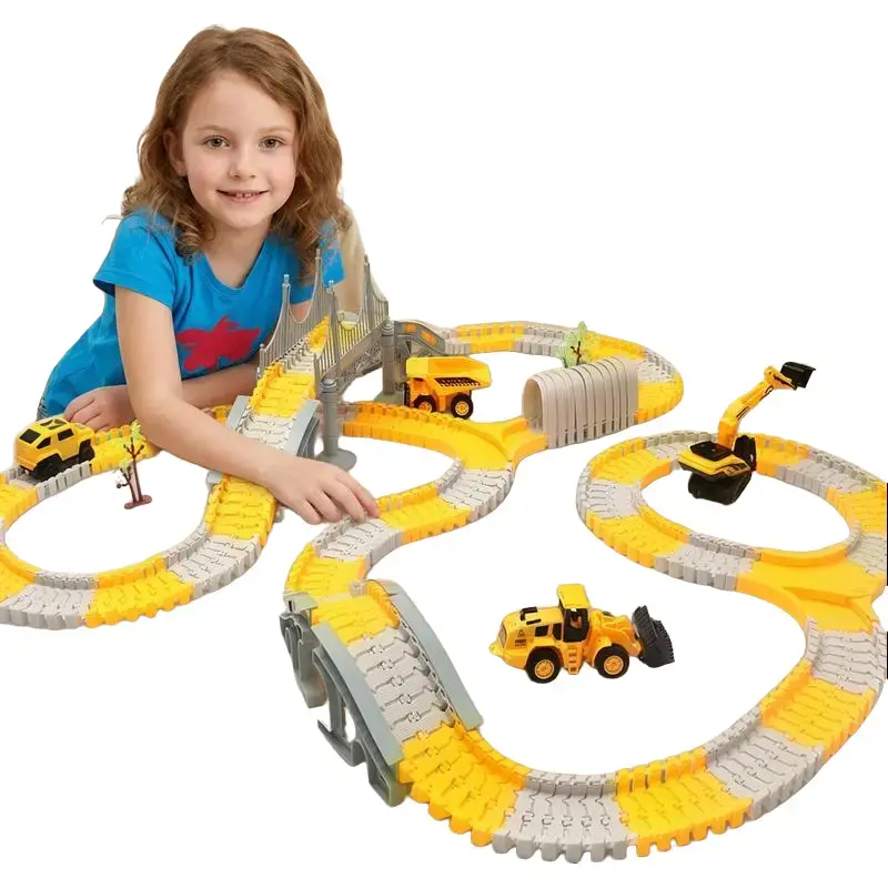 DIY Construction Track Toy Set Flexible Railway Track with Electric Truck Excavator Car STEM Building Toys Educational Learning Playset for Toddlers Kids Boys Girls Ages 3-7 Creative Assembly Road Toys Birthday Christmas Gift Best Selling
