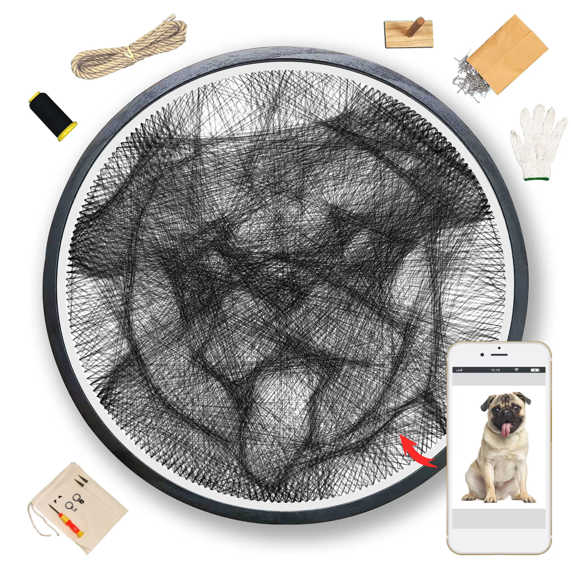 【Custom CAT/DOG Photo String Art Kit】- DIY Portrait Wall Art for Adults, Unique Home Decor Gift Decoration Decorative, diy creative gift Round 40Cm/15.74In