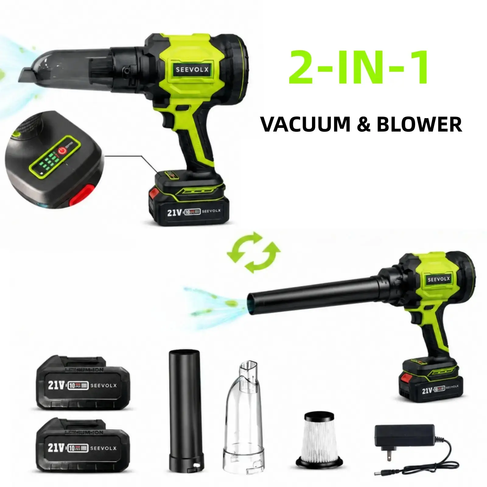 Seevolx 2-In-1 Cordless Blower & Vacuum Kit - Handheld 21V Dual Batteries, 6 Adjustable Speeds, Digital Battery Display, Suction/Blower Nozzles, Filter, Charger - Ideal for Car, Home Cleaning, Practical Gifts