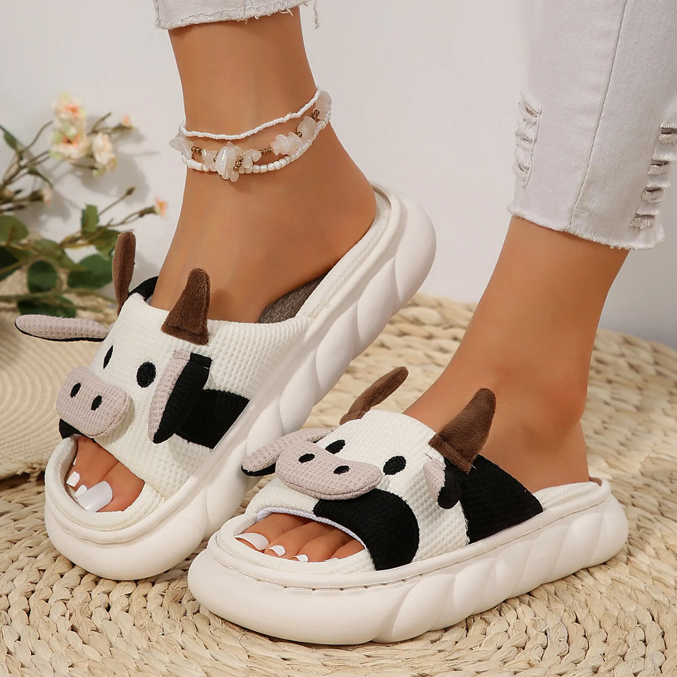 Women Men Cartoon slippers Cute Cotton Linen Animals House Shoes Warm Cozy  Slippers for Indoor